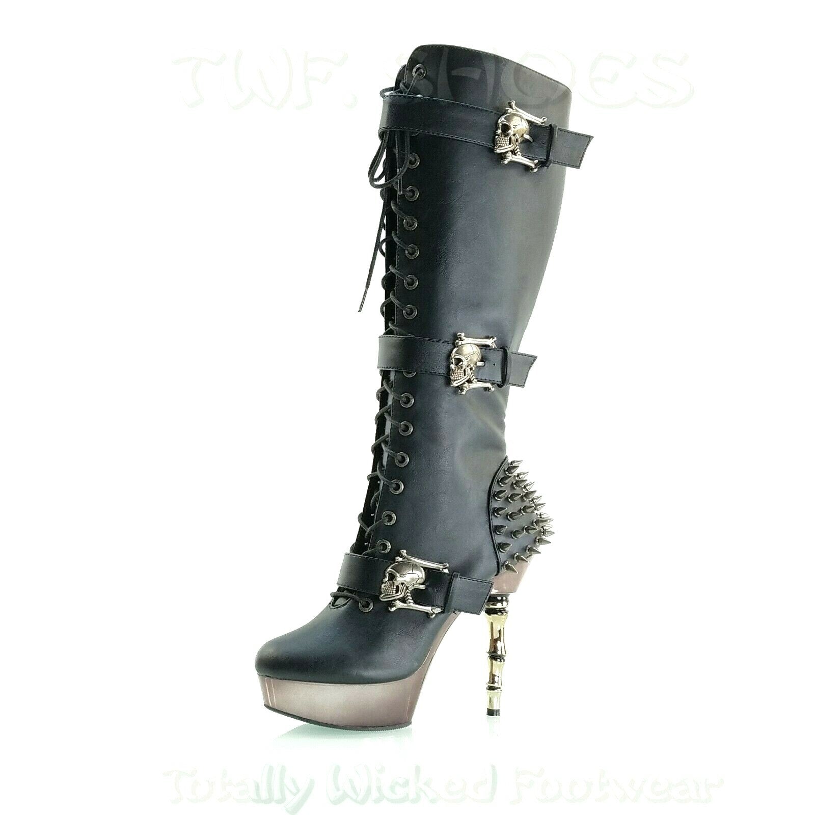 DEMONIA Muerto Chrome Bone High Heel Spiked Skull Buckle Lace Up Knee Boots