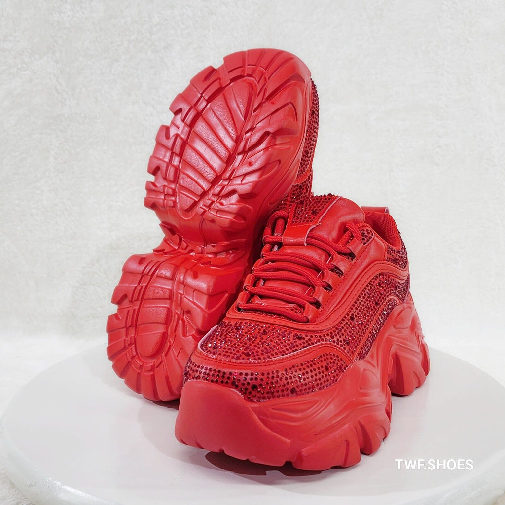 Cush Sport Rhinestone Comfy Platform Light Weight Sneakers Red - Totally Wicked Footwear