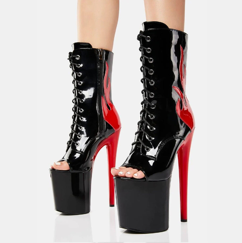 Bulls Black Patent Open Toe Red Flame Platform High Heel Mid Calf Boots - Totally Wicked Footwear