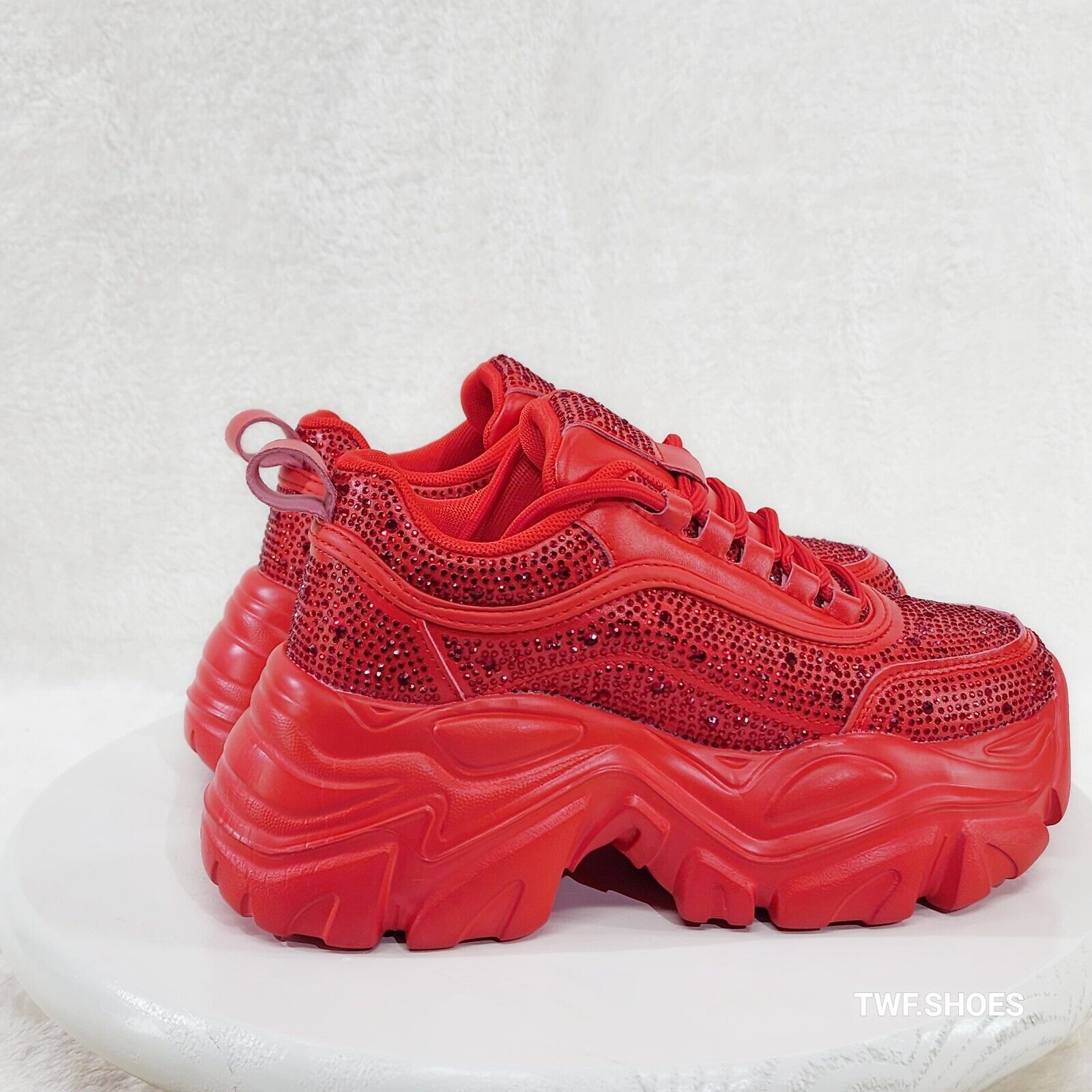 Cush Sport Rhinestone Comfy Platform Light Weight Sneakers Red - Totally Wicked Footwear