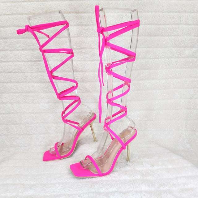 Chica Bright Neon Pink Sateen Long Lace Strappy Tie Up High Heel Sandal - Totally Wicked Footwear