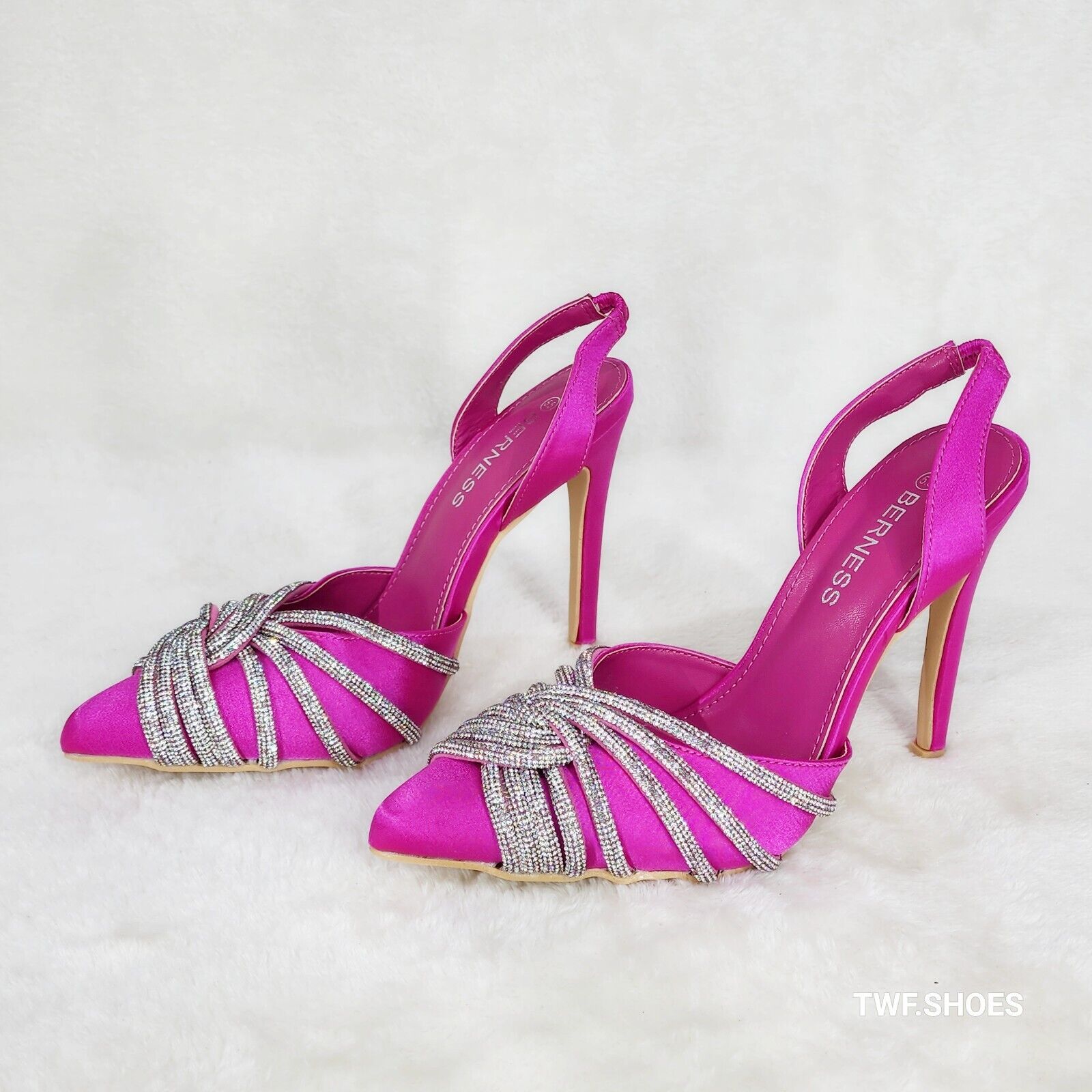 Elegance Slip on Slingback Fuchsia Satin Rhinestone Pointy Toe High Heels Shoes - Totally Wicked Footwear