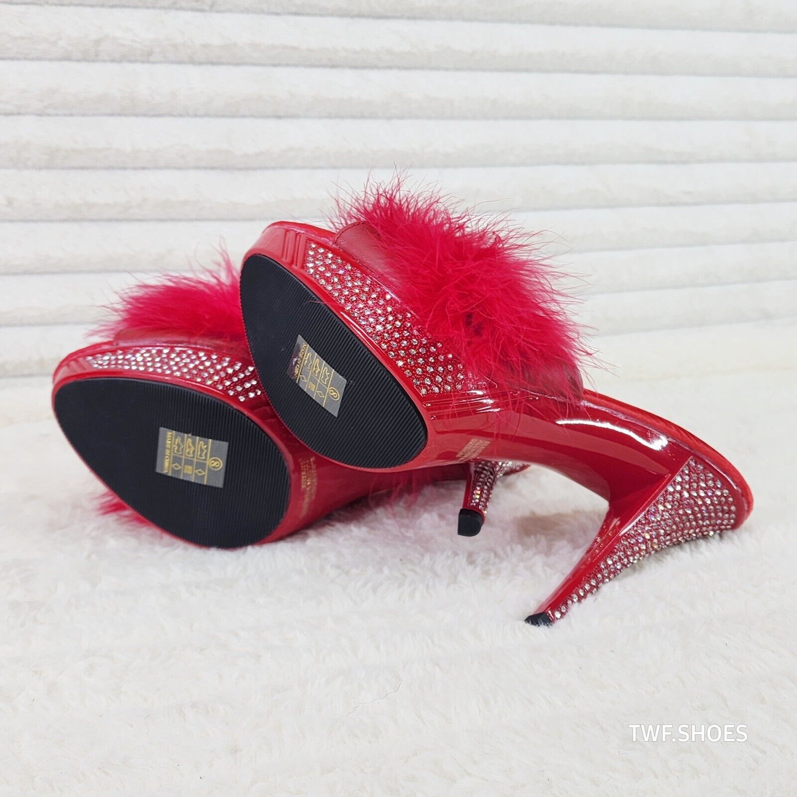 Elegance Marabou Feather Slip On Platform Sandals 5" Stiletto Heel Shoes red - Totally Wicked Footwear