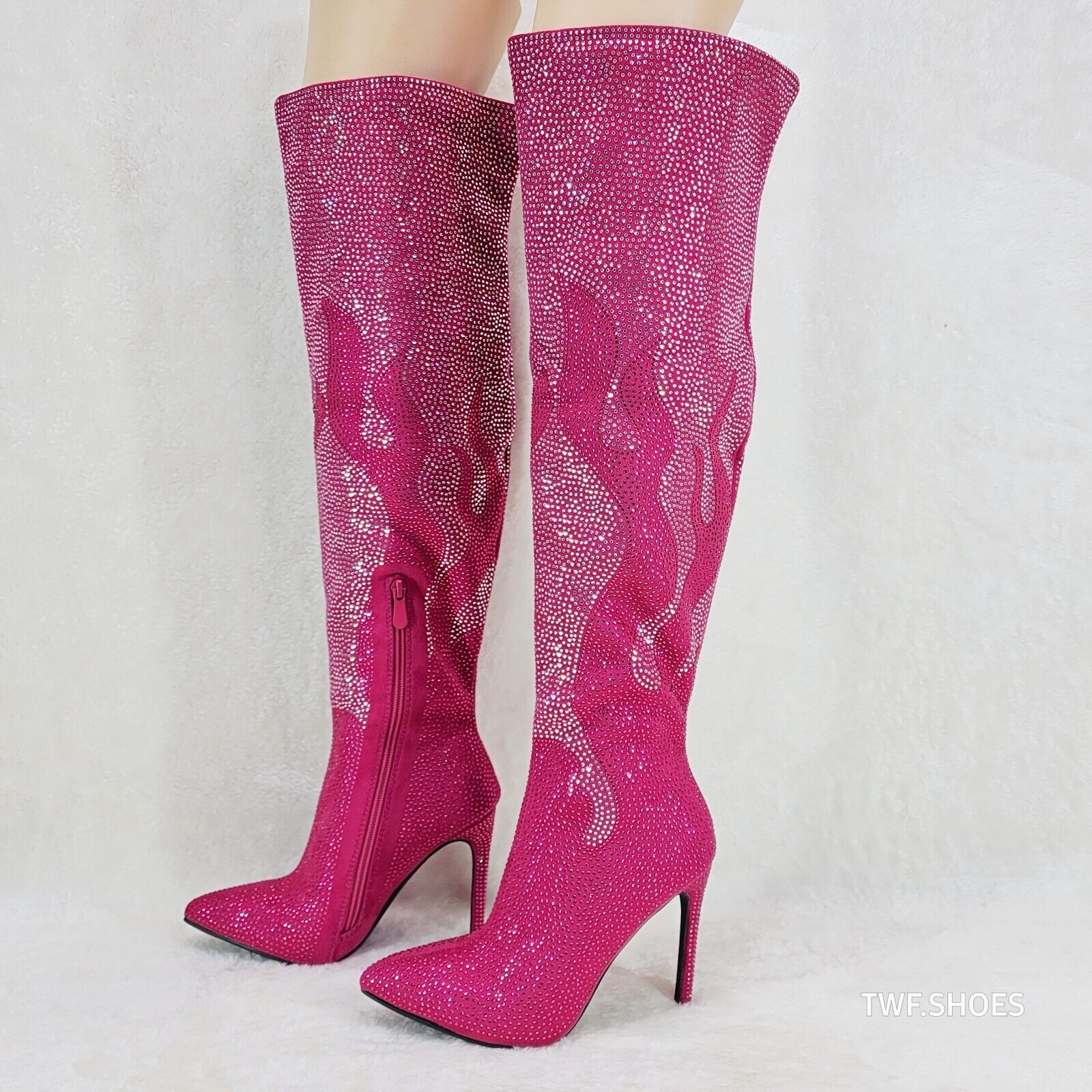Fiery Desire Hot Fuchsia Pink Rhinestone Flame Detail Sexy OTK Thigh Boots - Totally Wicked Footwear