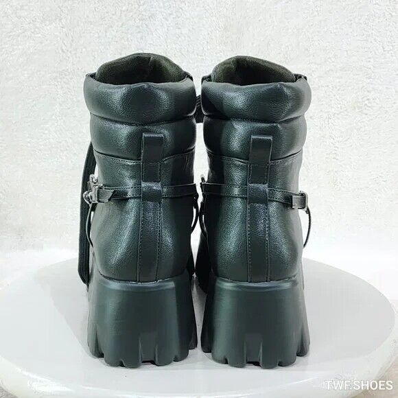 Emo Stomp 2" Platform Stomper Ankle Boots With Chain Design Faux Leather Green