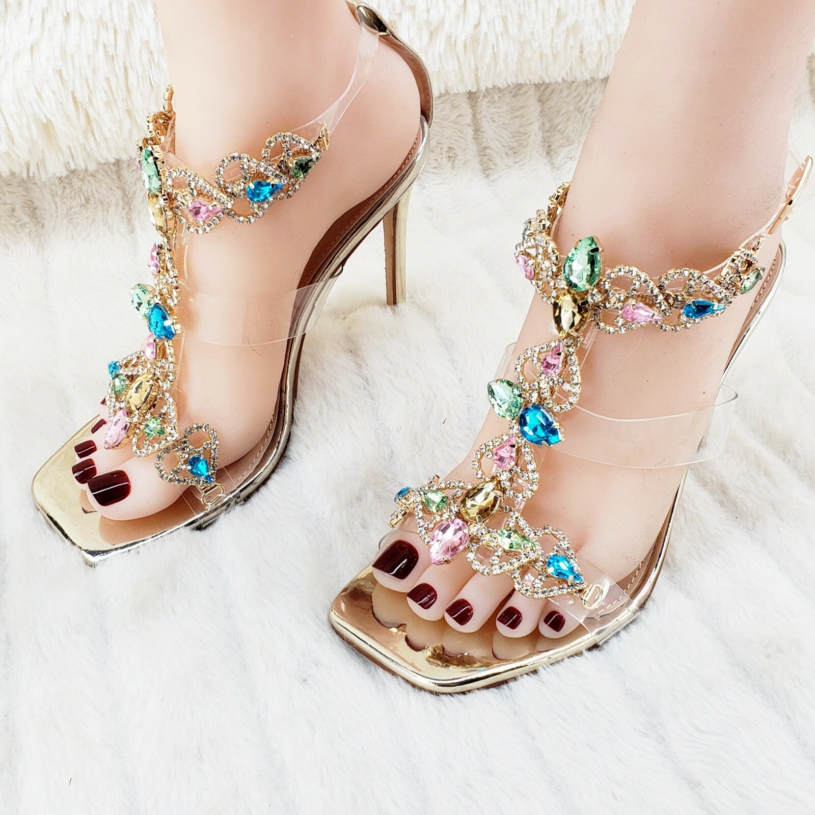 Breezy Jewels Rhinestone 4" High Heel Sandals Prom Wedding Party Shoes Gold