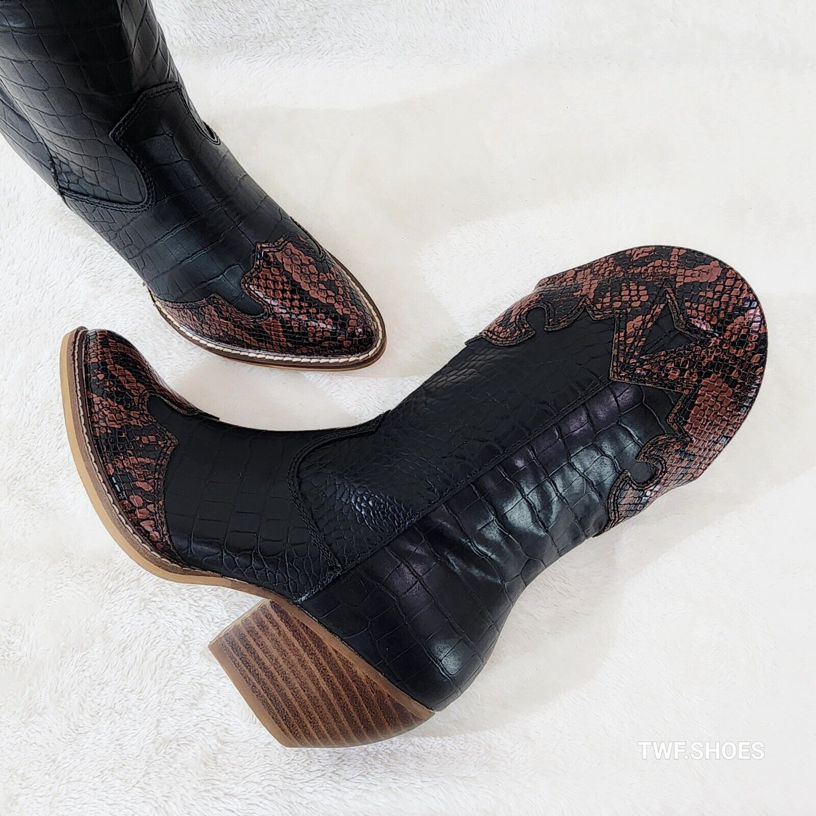 Snake Bite Black Western Reptile Cowboy Pull On Country Cowgirl Boots - Totally Wicked Footwear
