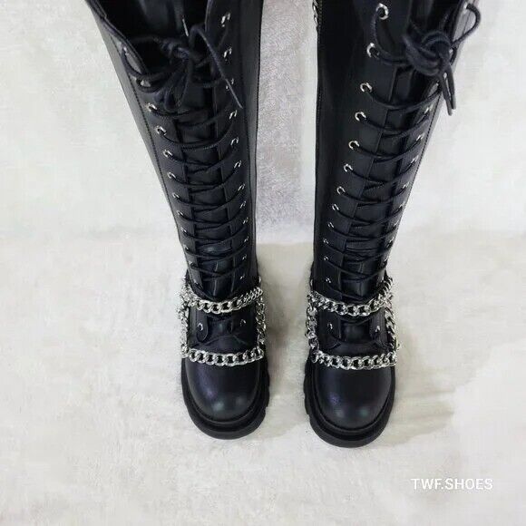 Renegade Lace Up Draped Chain Combat Knee High Boots Goth Punk Rocker Biker Boot