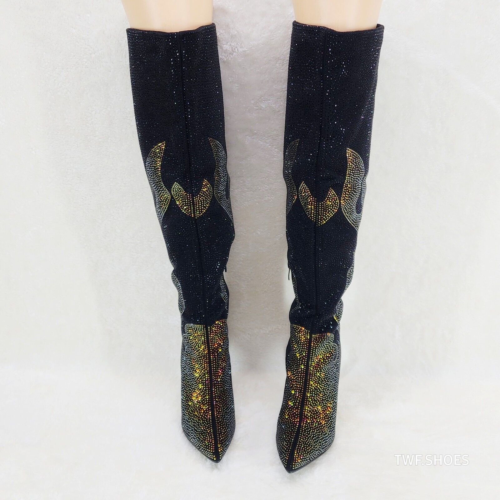 Fiery Desire Black & Gold Rhinestone Flame Detail Sexy OTK Thigh Boots - Totally Wicked Footwear