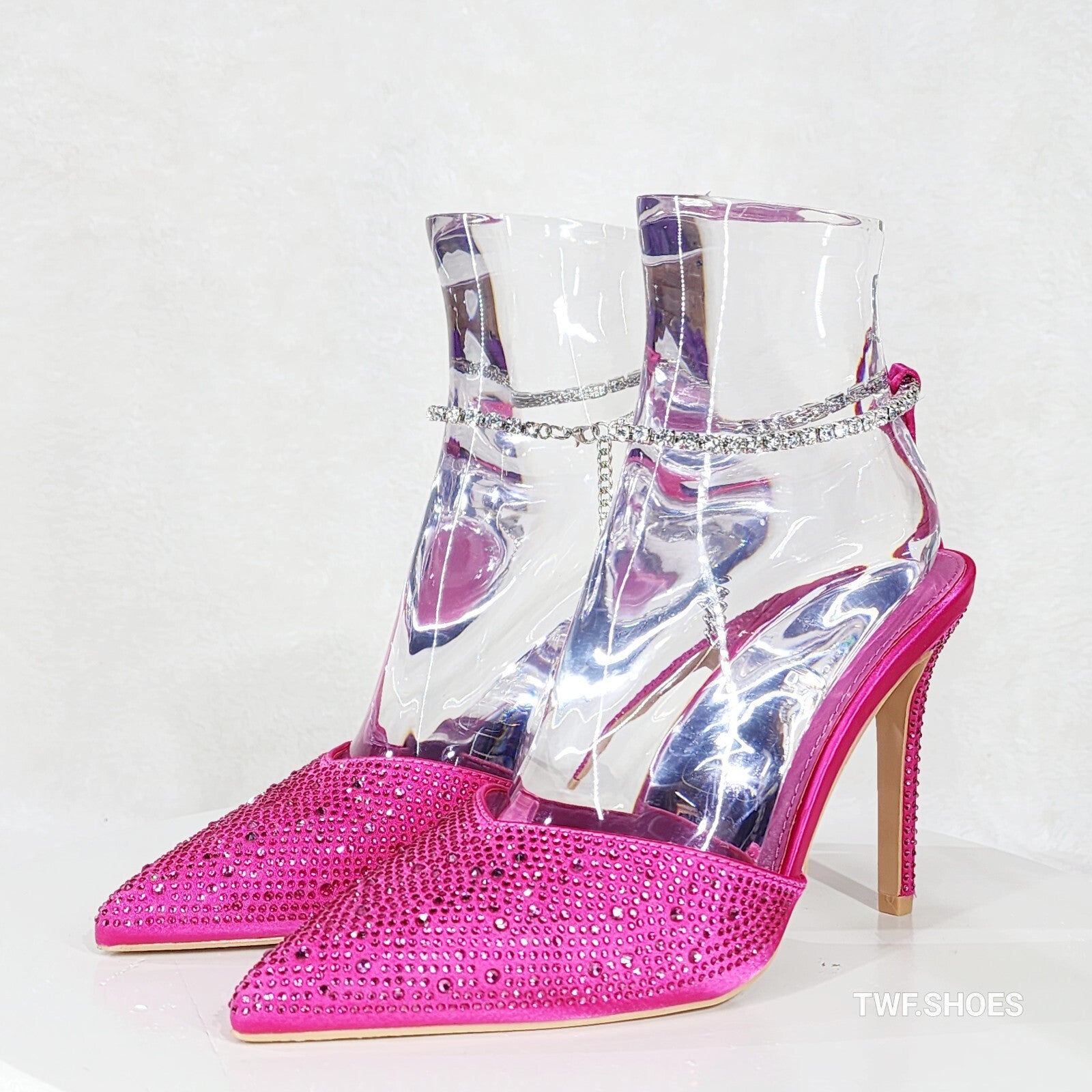 Simply Sexy Ankle Bracelet Hot Pink Rhinestone Pointy Toe High Heels Shoes