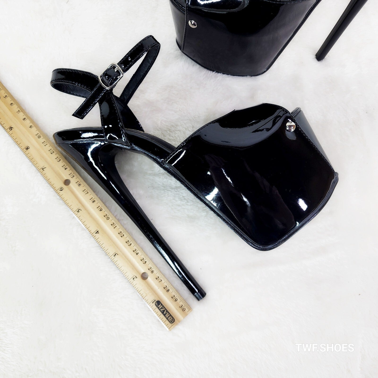 Juicy 9 Black Patent Slim 7" Stiletto Platform Ankle Strap High Heel Shoes