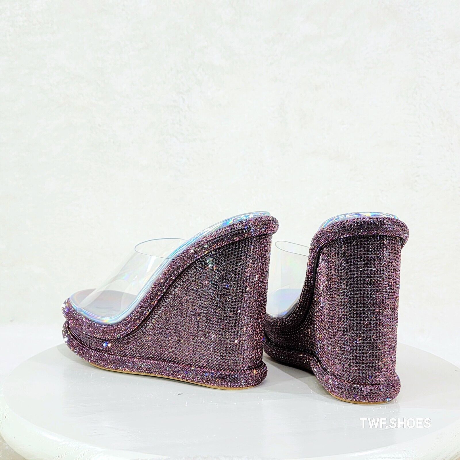 Zesty Purple Hologram Rhinestone Platform Wedge Heel Slip On Sandals - Totally Wicked Footwear