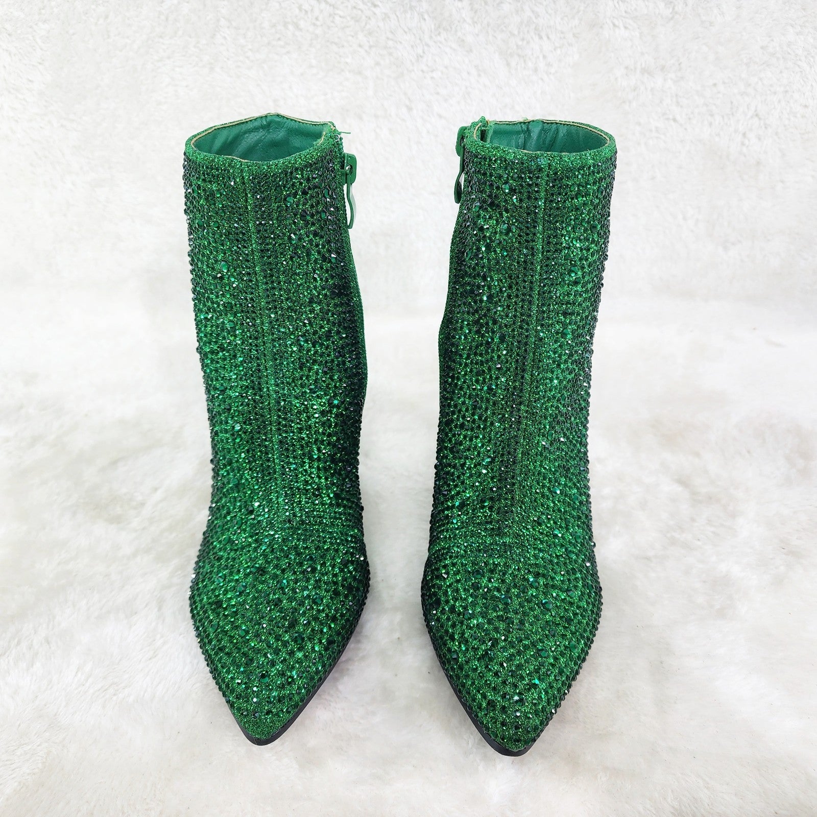 Crystel Emerald Green Rhinestone Block Heel Ankle Boots