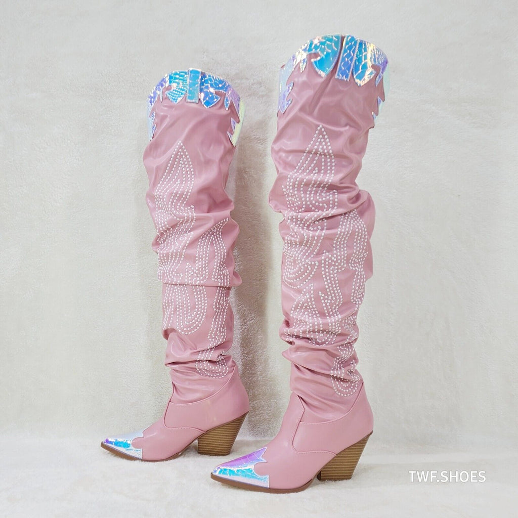 Iconic Country Western Thigh high Cowgirl Boots Baby Pink Hologram Trim - Totally Wicked Footwear