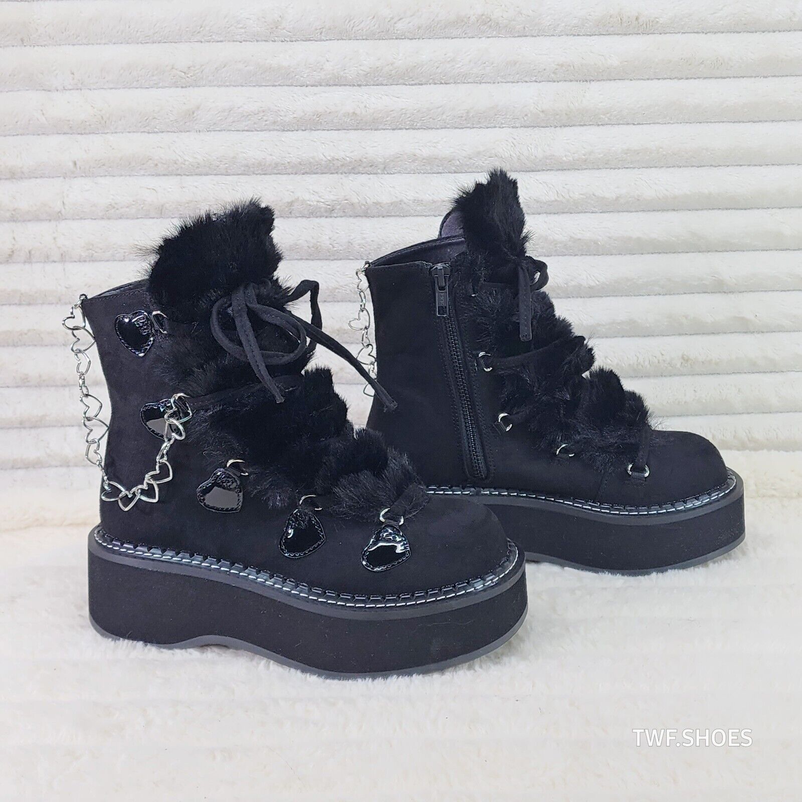 Emily Black Furry Heart Chain Goth 2" Platform Ankle Boots 55 Faux Fur - Totally Wicked Footwear