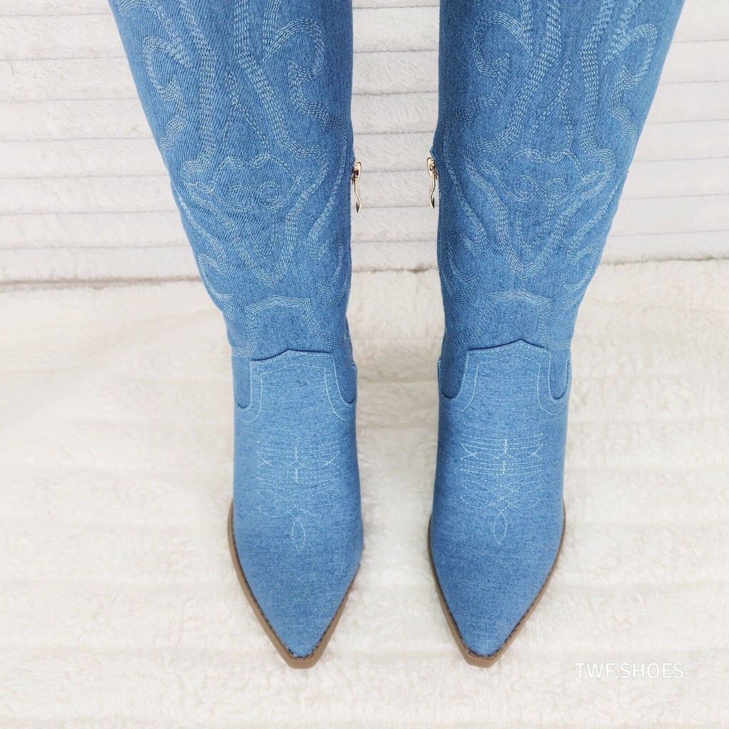 Electric Cowboy Medium Denim Stitched Western Knee High Cowgirl Boots - Totally Wicked Footwear