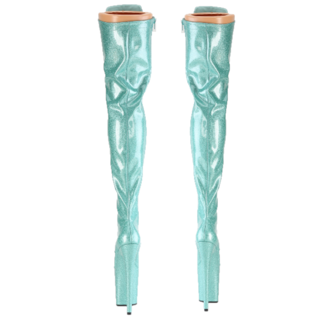 3020 Aqua Glitter Patent 3020 Lace Up Thigh High Platform Boots Flamingo 8" Heel - Totally Wicked Footwear