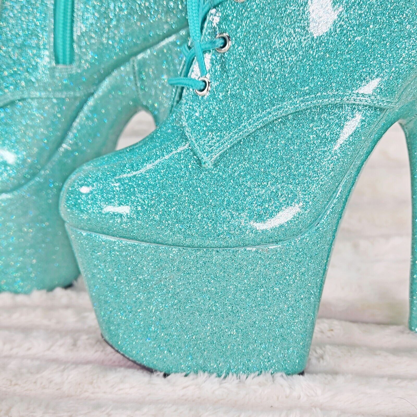 Adore 1020GP AQUA Blue Glitter Patent  7" High Heel Platform Ankle Boots NY - Totally Wicked Footwear
