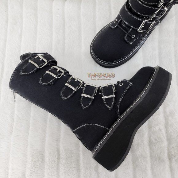 Emily 341 Black Canvas 2" Platform Mid Calf Combat Boots NY DEMONIA - Totally Wicked Footwear