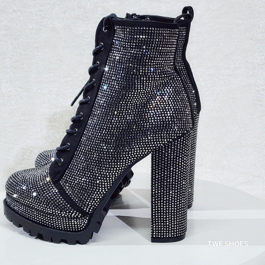 Wild Diva Vivian Lug Sole Rhinestone Chunky Block High Heel Ankle Boots Booties