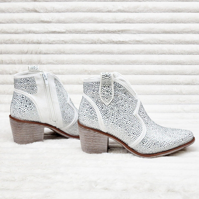 Wild Ones White Glamour Cowboy Rhinestone Cowgirl Ankle Booties Boots - Totally Wicked Footwear