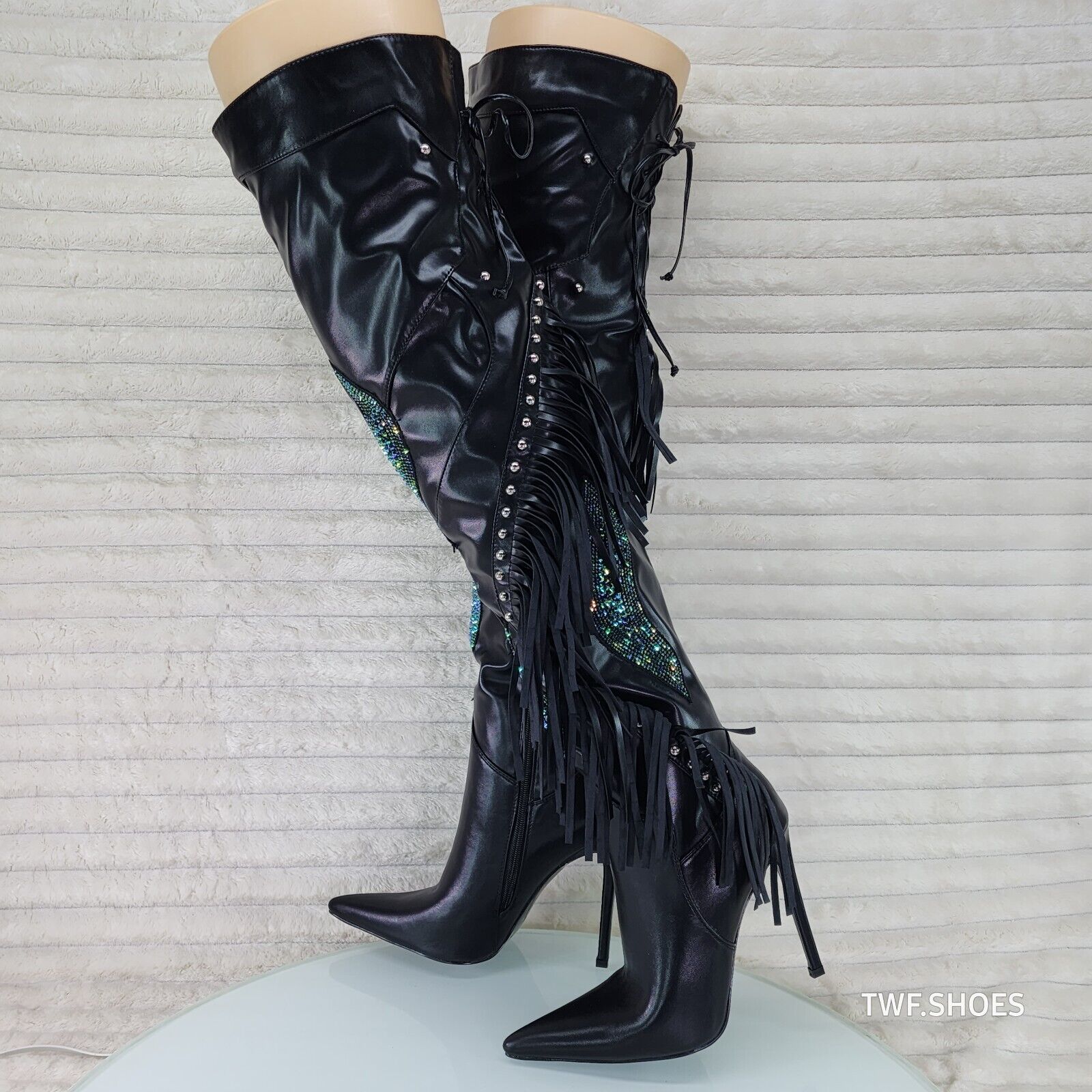Frenzy Black Fringe Rhinestone Over The Knee Thigh Boots Azalea Wang - Totally Wicked Footwear