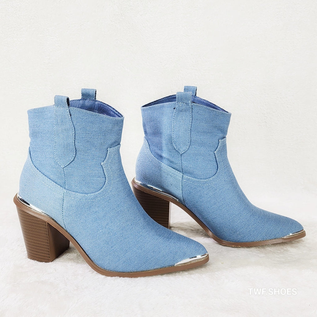 West World Denim Blue Cowgirl Country Western Ankle Boots - Totally Wicked Footwear