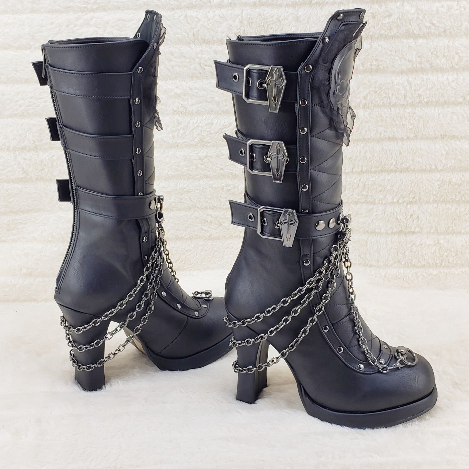 Demonia Swing 220 Black Matte Goth Mid-Calf Platform Boots - Multi-Buckle, 5.5" Wedge, Vegan