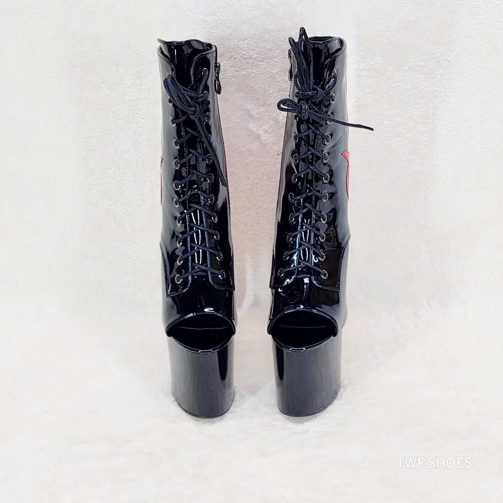 Bulls Black Patent Open Toe Red Flame Platform High Heel Mid Calf Boots - Totally Wicked Footwear