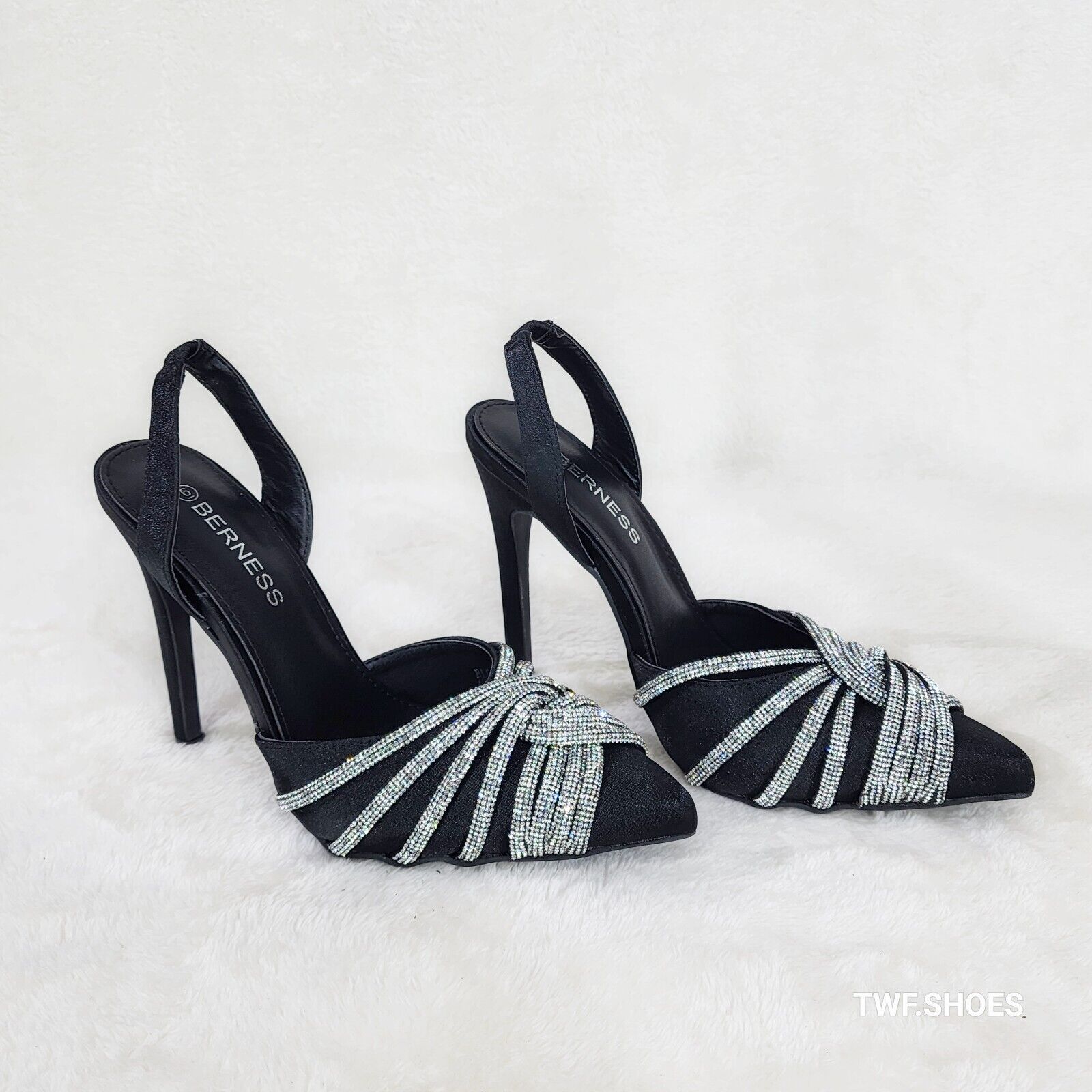 Elegance Slip on Slingback Black Satin Rhinestone Pointy Toe High Heels Shoes - Totally Wicked Footwear