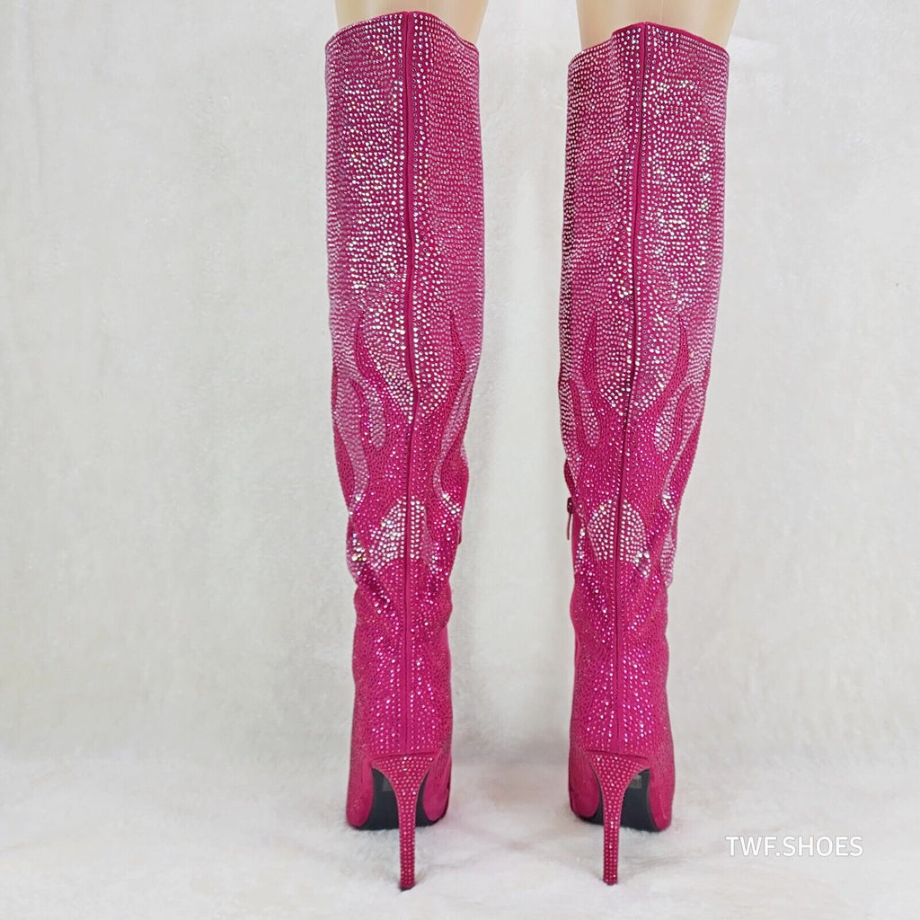 Fiery Desire Hot Fuchsia Pink Rhinestone Flame Detail Sexy OTK Thigh Boots - Totally Wicked Footwear