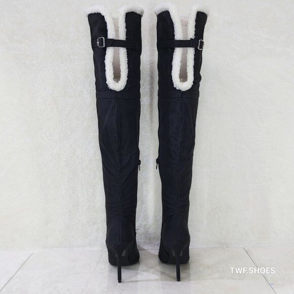 Cozy Craze Black Nubuck Over The Knee Fleece High Heel Thigh Boots - Totally Wicked Footwear