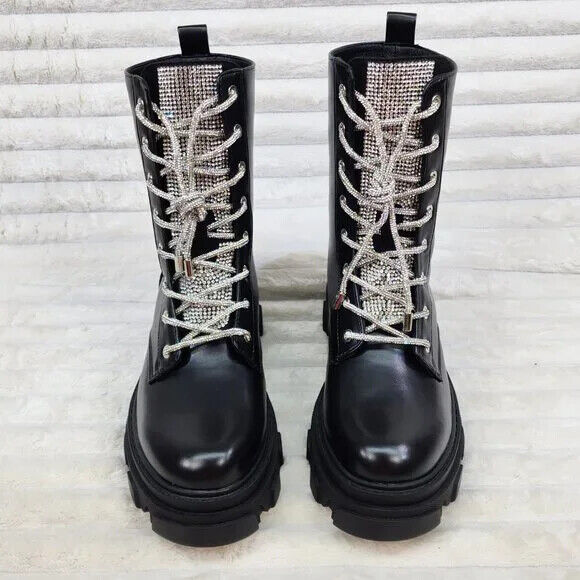 Rowan Black Combat Ankle Boots Iridescent Rhinestone Tongue & Rope Laces - Totally Wicked Footwear
