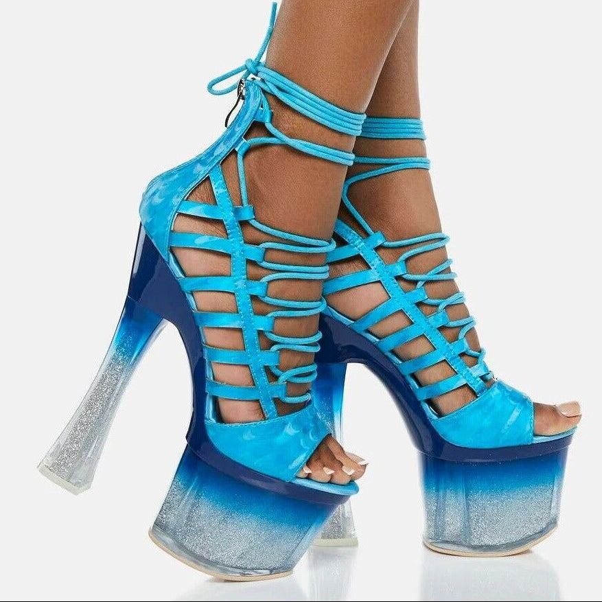 Bulls Blue Strappy Gradient Ombre Glitter Tint Platform & Chunky Heels - Totally Wicked Footwear