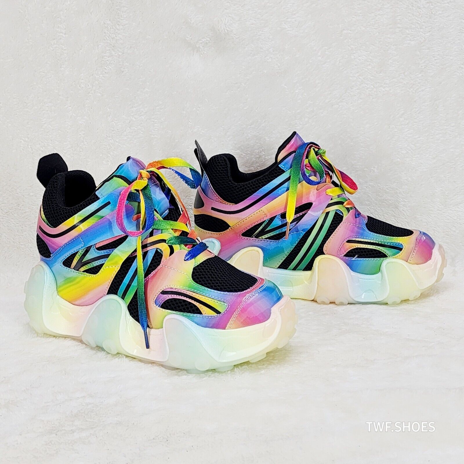 Anthony Wang Alien Black & Rainbow Hidden Wedge Platform Sneakers Tentacle Tread - Totally Wicked Footwear