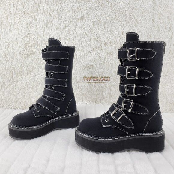 Emily 341 Black Canvas 2" Platform Mid Calf Combat Boots NY DEMONIA - Totally Wicked Footwear