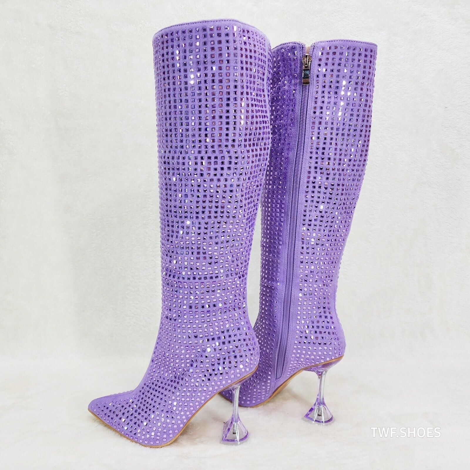 Glamour Shot Mirrored Rhinestone Tinted 4" Pyramid Heel Knee Boots Lilac Purple - Totally Wicked Footwear