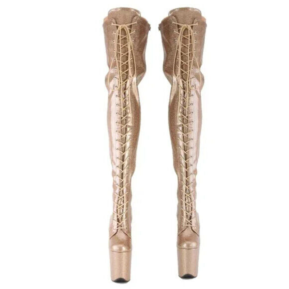 3020 Gold Glitter Patent 3020 Lace Up Thigh High Platform Boots Flamingo 8" Heel - Totally Wicked Footwear