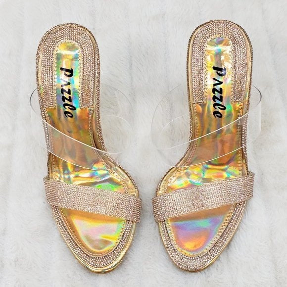 Lee Gold Rhinestone Slip On Double Strap High Heel Clog Mule Shoes