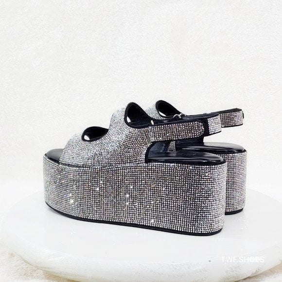 Oh Yeah Black 3" Platform Sparkling Iridescent Rhinestone Flatform Sandals - Totally Wicked Footwear