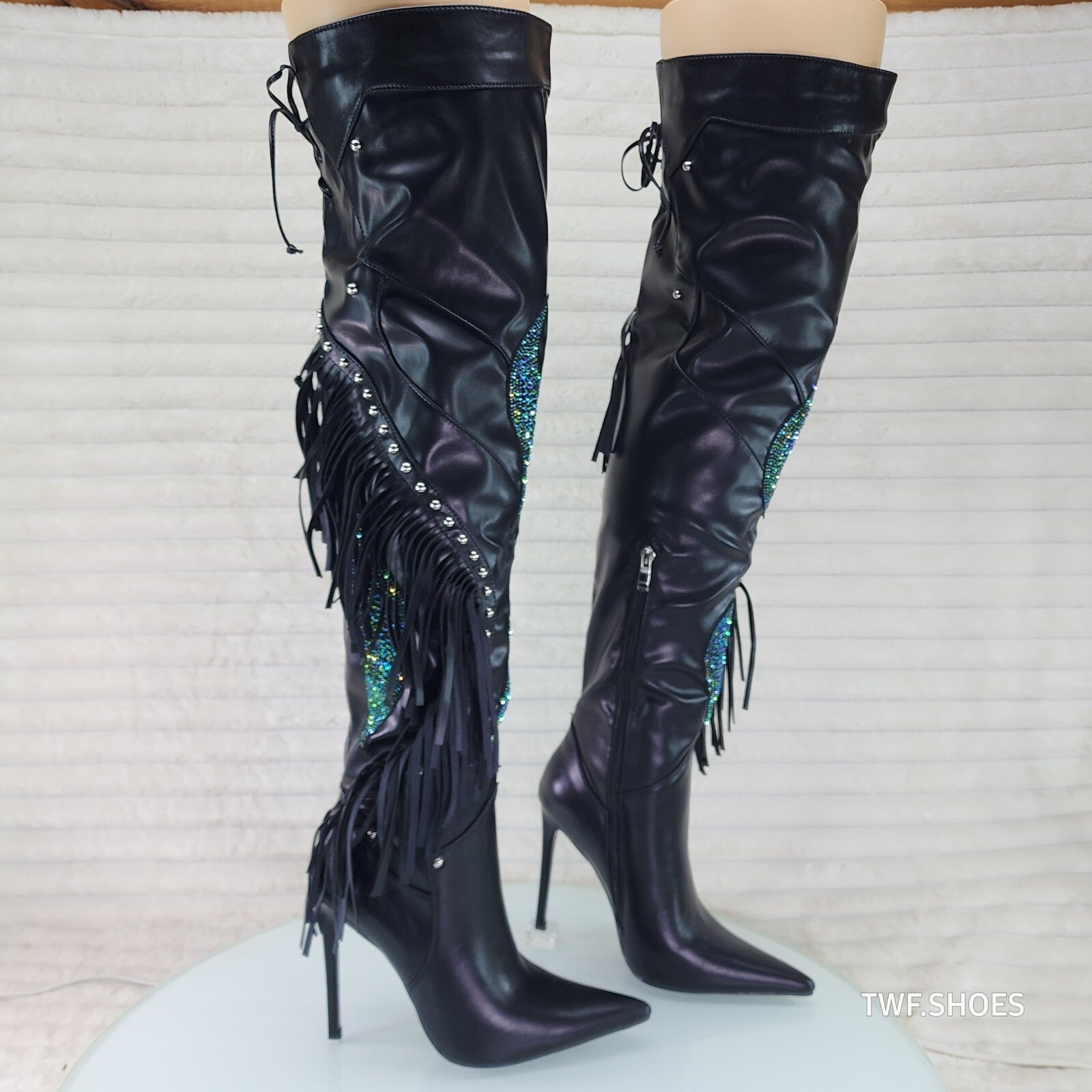 Frenzy Black Fringe Rhinestone Over The Knee Thigh Boots Azalea Wang