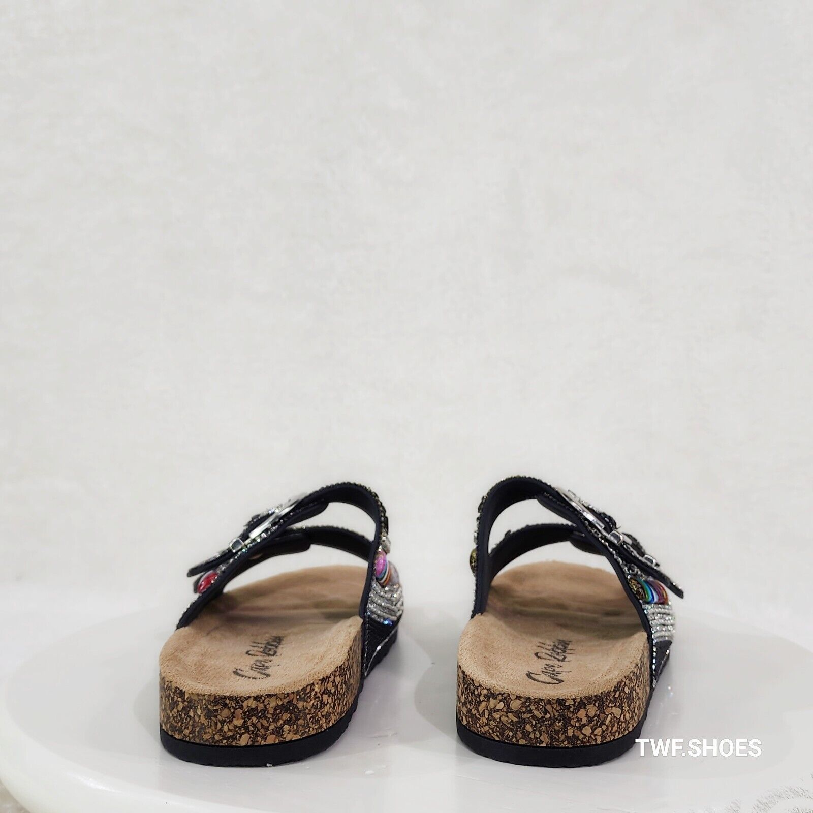 Zany Double Buckle Strap Rhinestone Beaded Slip on Mule Sandals - Totally Wicked Footwear