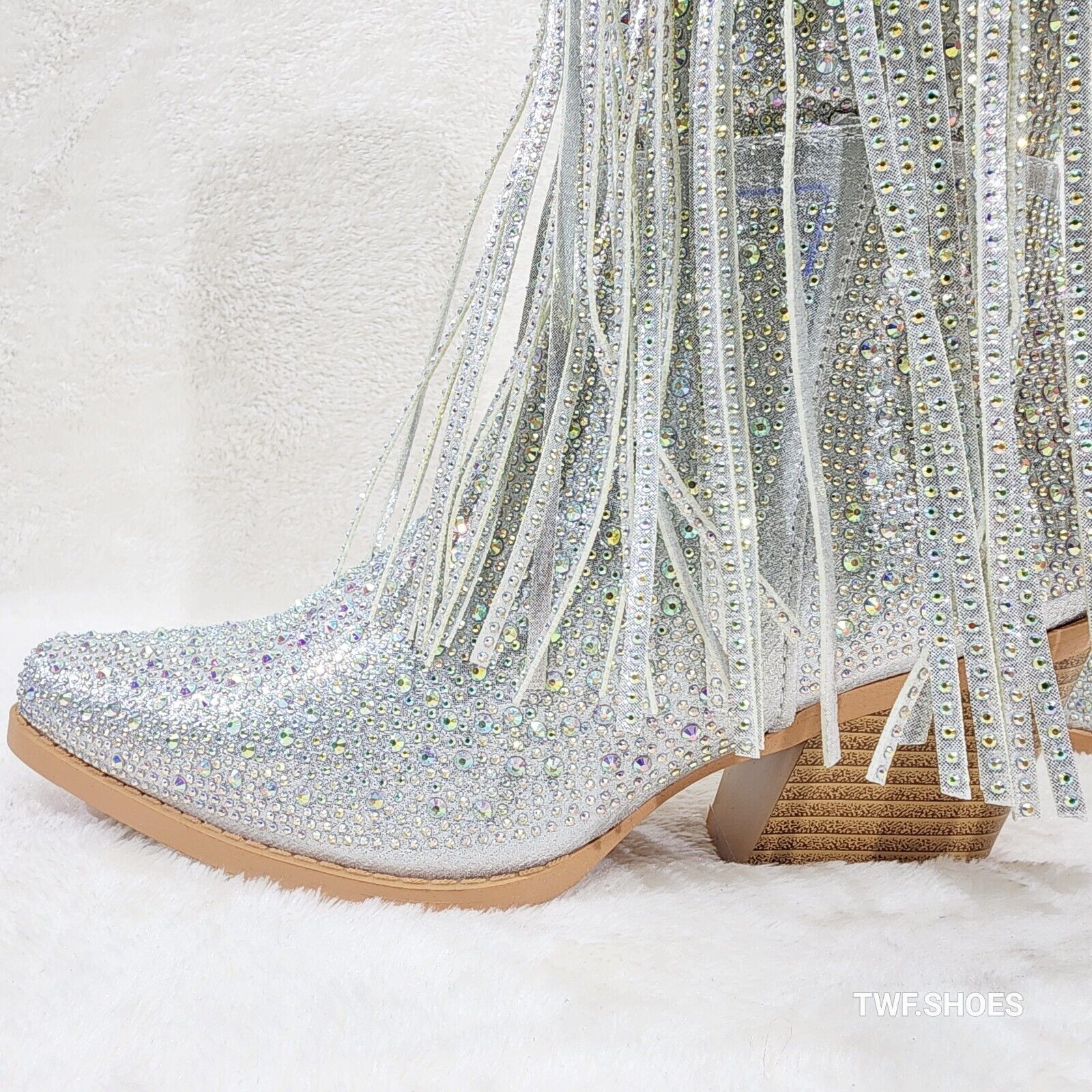 Western Diva Silver Asymmetrical Fringe Rhinestone Glam Cowgirl Boots - Totally Wicked Footwear