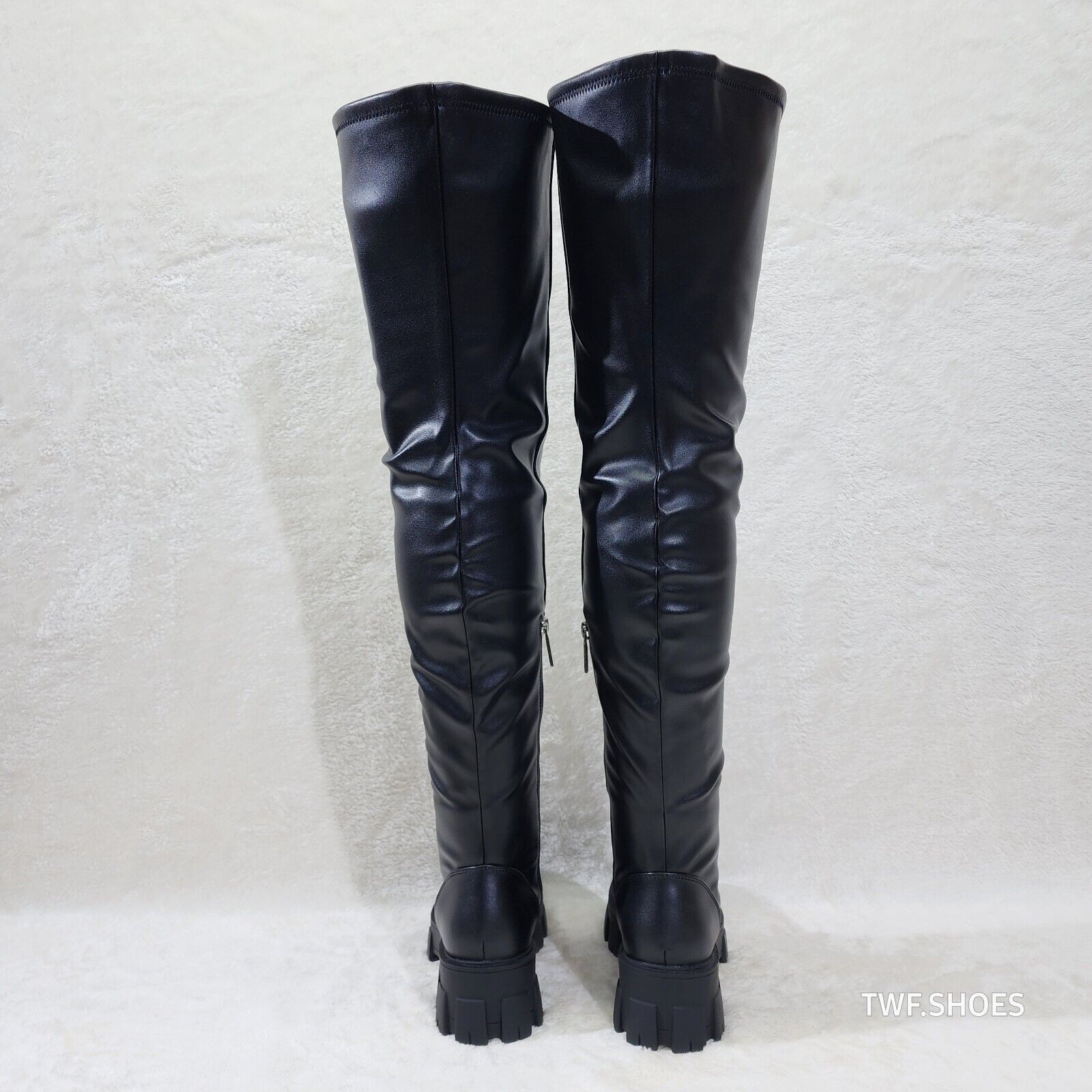 Roscoe Black Combat Thigh High Boots Iridescent Rhinestone Tongue Metallic Laces - Totally Wicked Footwear
