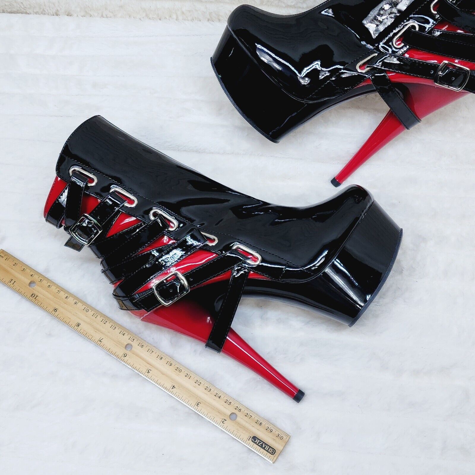 Delight 1012 Black / Red Buckle Strap 6" High Heels Platform Ankle Boots NY - Totally Wicked Footwear
