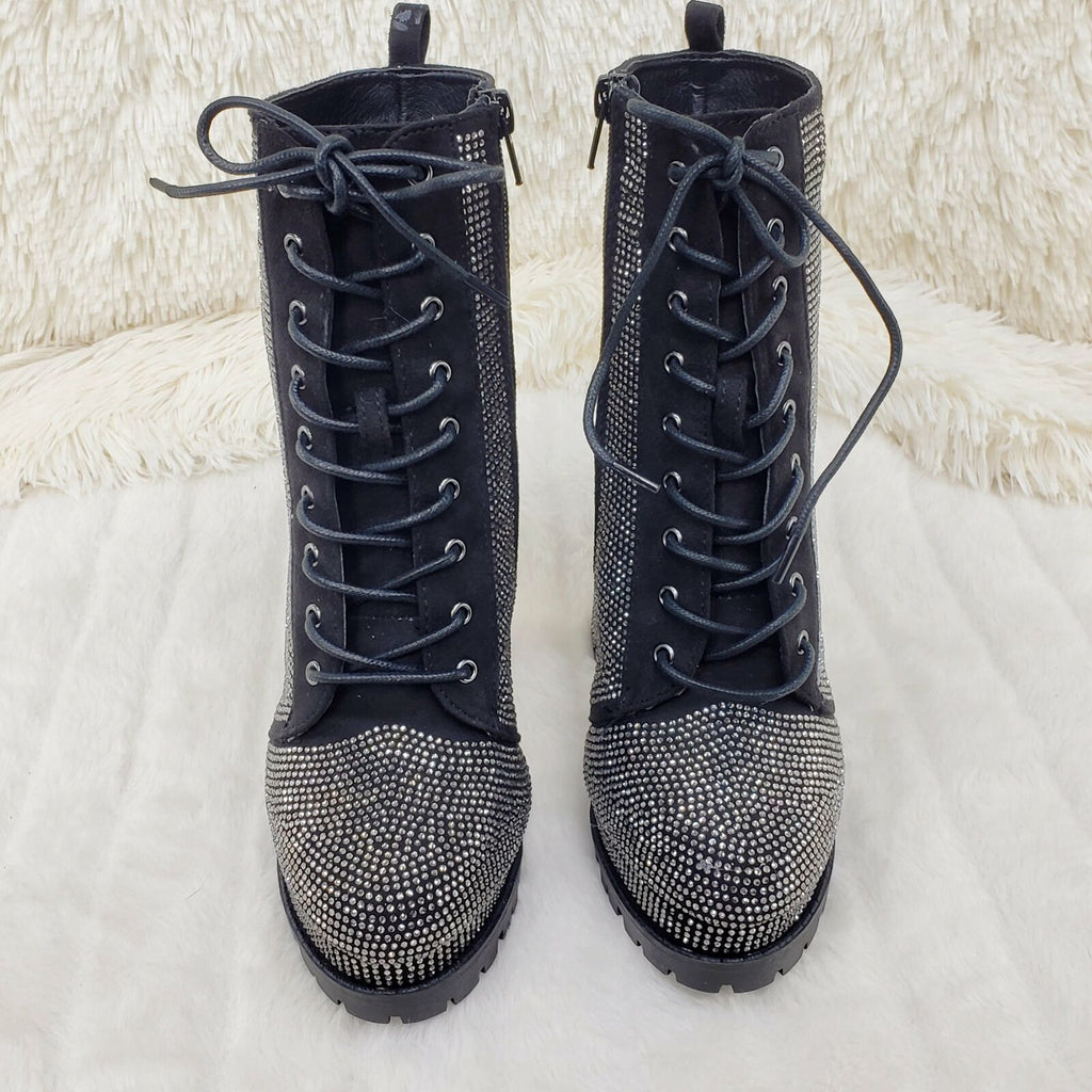 Wild Diva Vivian Lug Sole Rhinestone Chunky Block High Heel Ankle Boots Booties