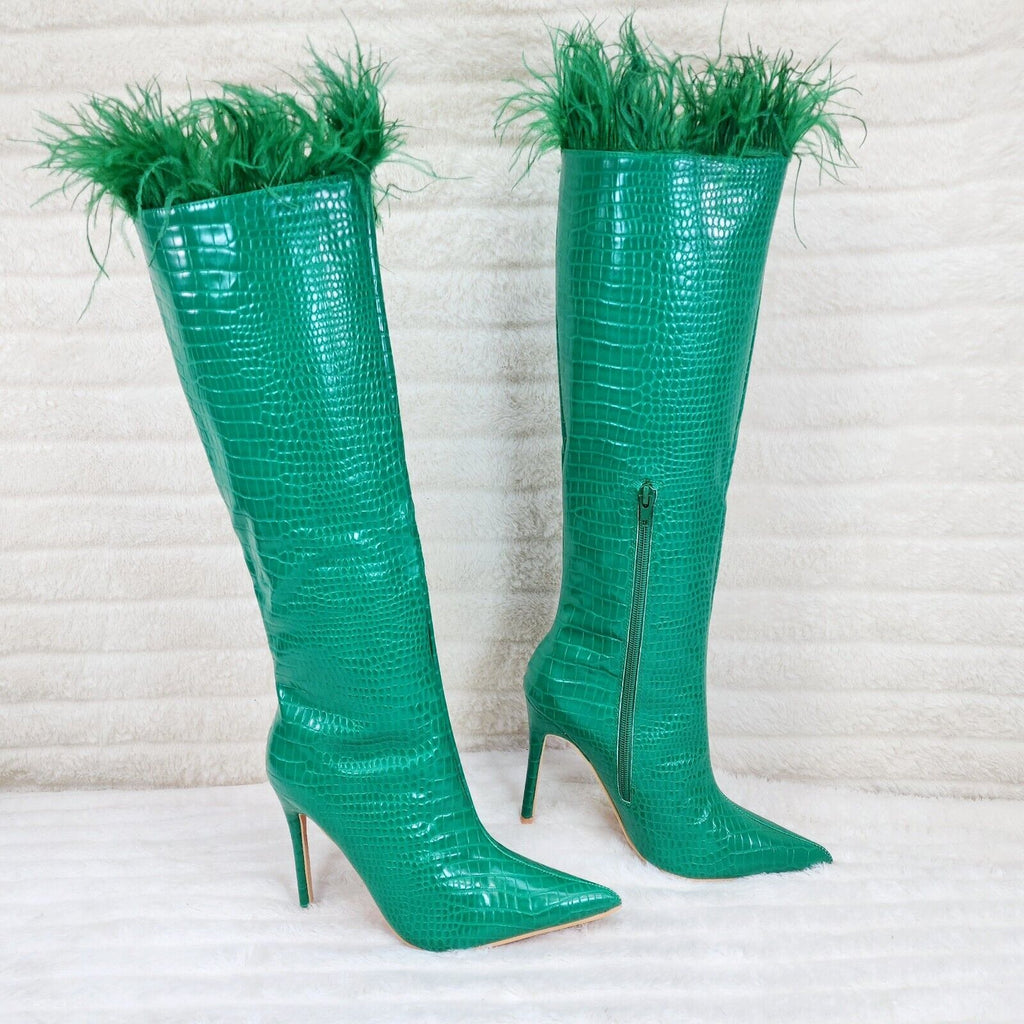 Flirty Green Snake Texture Knee High Heel Stiletto Boots Sexy Feather Top - Totally Wicked Footwear