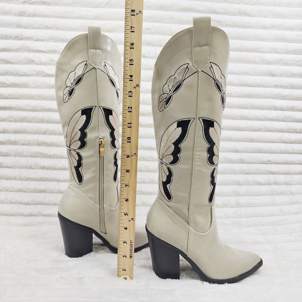Butterfly Kisses Embroidered Beige Western Knee High Cowgirl Boots - Totally Wicked Footwear