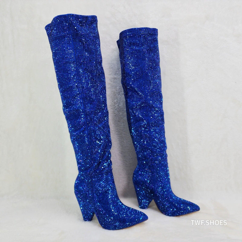 Vegas Blue Rhinestone Over the Knee Thigh boots 4.25