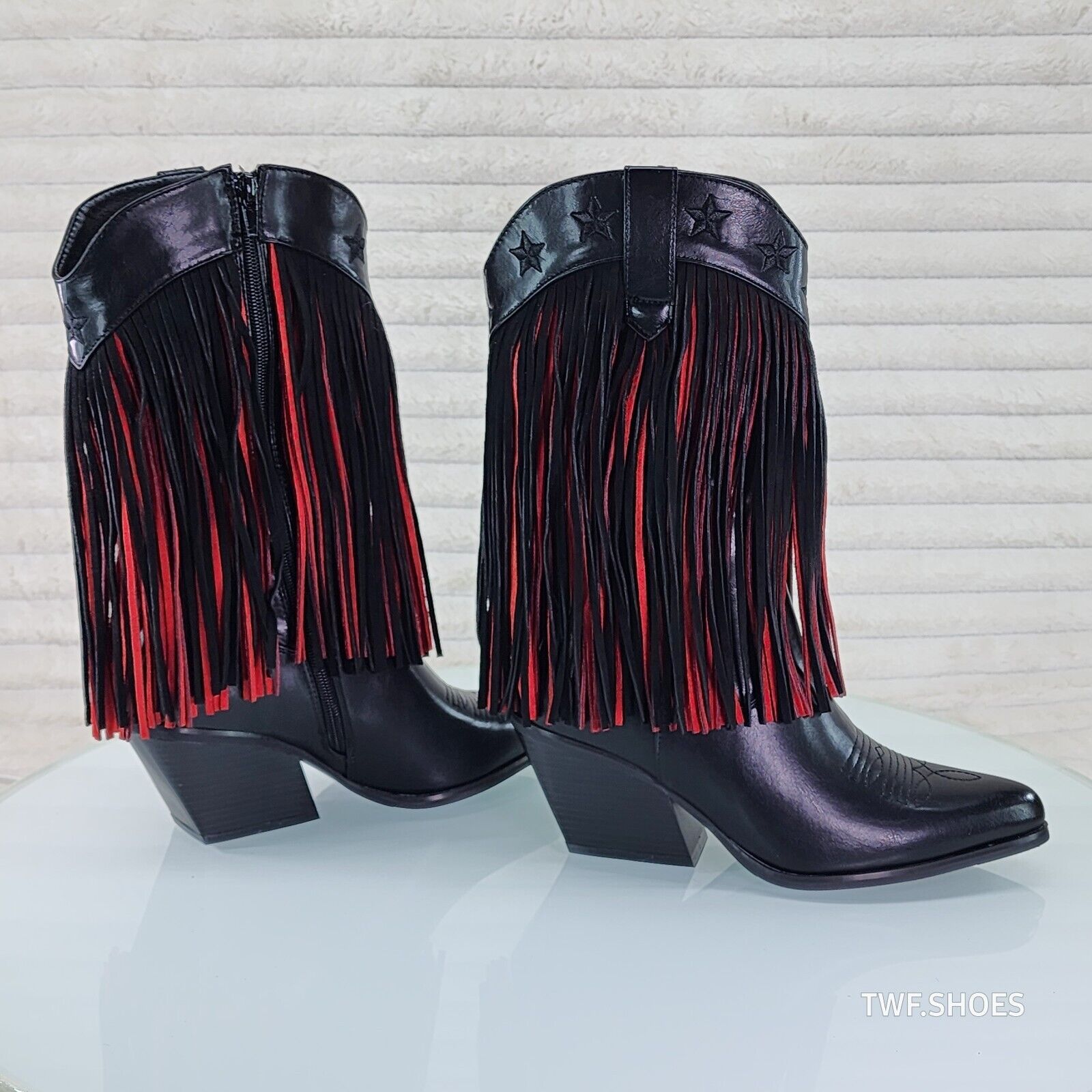 Dusty Roads Mid Calf Black and Red Fringe Country Western Cowgirl Boots - Totally Wicked Footwear